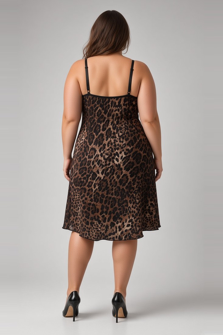 Νυχτικό λεοπάρ με μαύρη δαντέλα σε plus size μοντέλο, πίσω