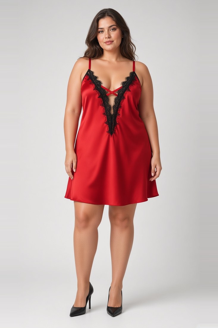 Κόκκινο σατέν νυχτικό με μαύρη δαντέλα σε plus size μοντέλο
