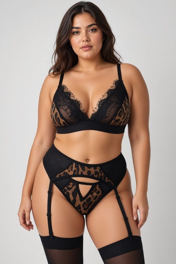 Σετ plus size λεοπάρ με μαύρη δαντέλα: bralette, σλιπ και ζώνη με ζαρτιέρες, μπροστά