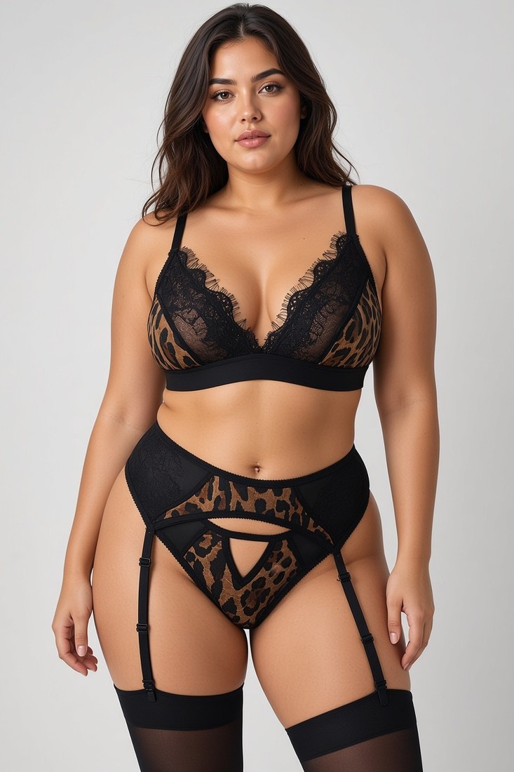 Σετ plus size λεοπάρ με μαύρη δαντέλα: bralette, σλιπ και ζώνη με ζαρτιέρες, μπροστά